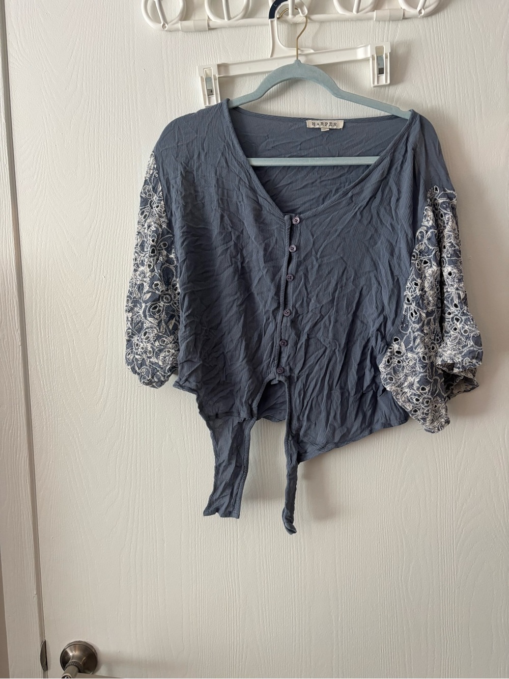 Harper Blue Tie-Front Button V-Neck Blouse with Patterned Puff Sleeves